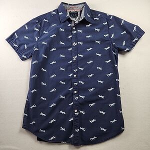 DENIM & FLOWER Ricky Singh Small Blue Casual Button up Collared Shirt Airplane